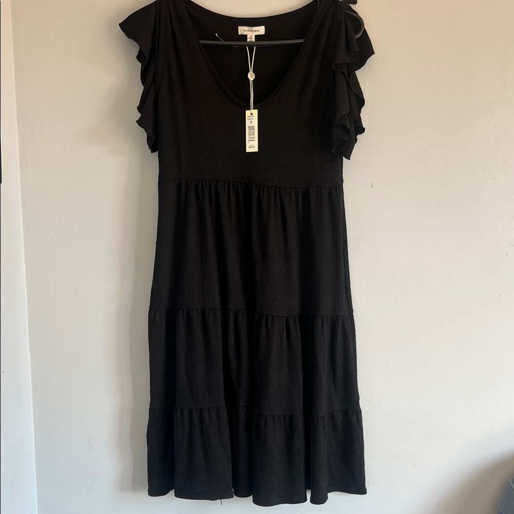 Max Studio Black Tiered Midi Dress. CAJA. # 1